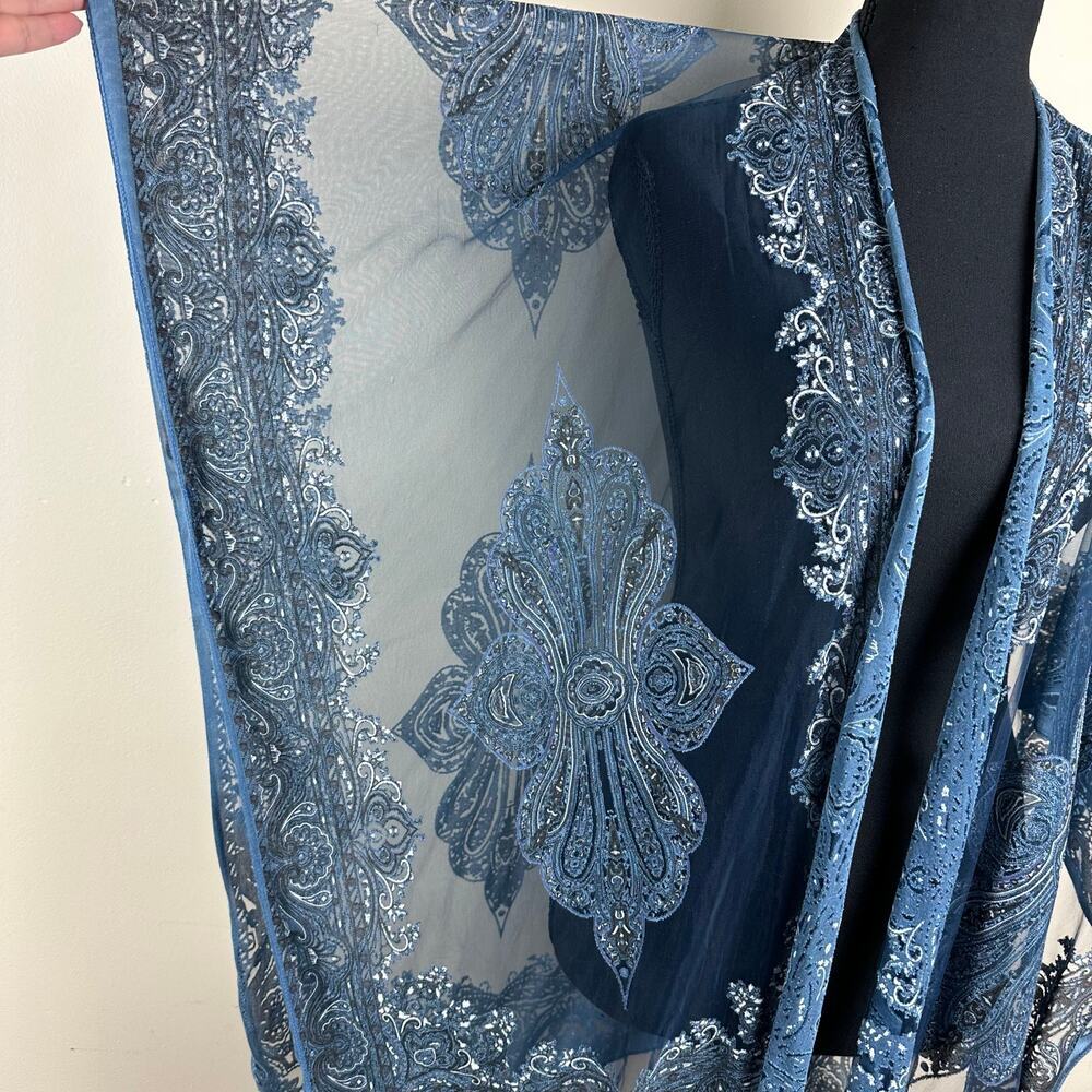 Pretty Persuasions Blue Paisley Sheer Kimono Fringe Boho Duster Fairy Coachella - Picture 5 of 11